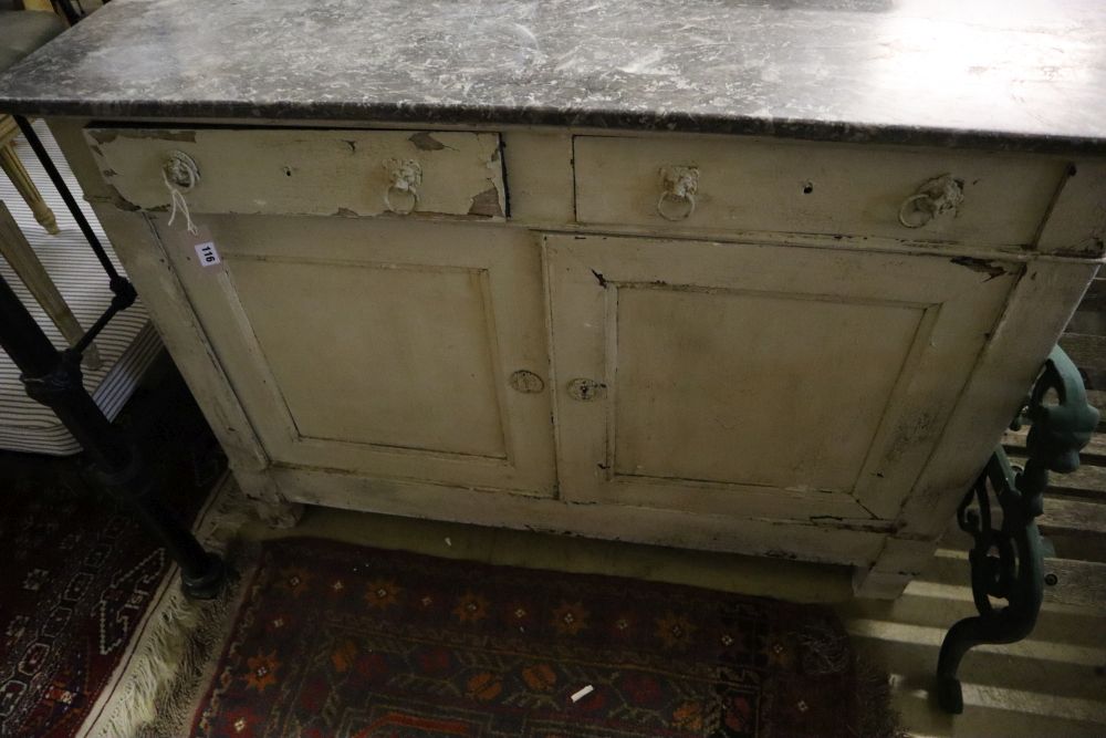 A 19th century painted Continental marble top commode, width 128cm, depth 58cm, height 93cm